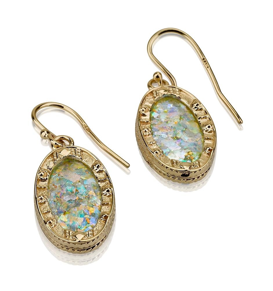 14K Gold and Roman Glass Oval Earrings - 1