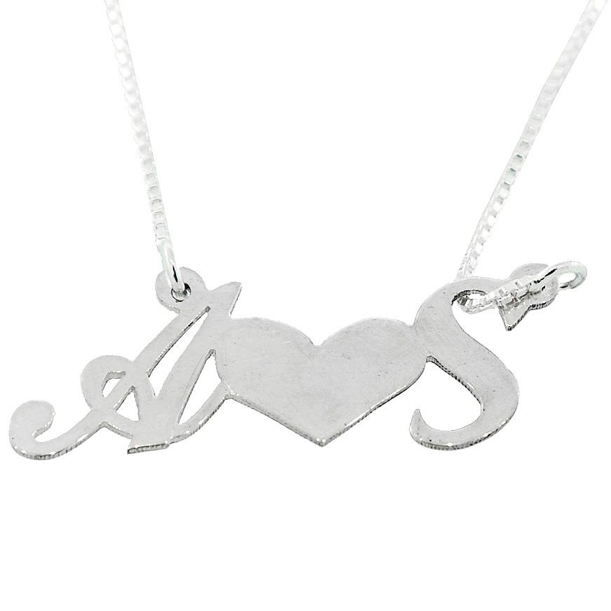  14K White Gold Double Thickness Custom Necklace - Initials with Heart - 1