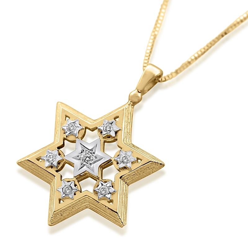 14K Yellow and White Gold Star of David Pendant with Diamonds - 1