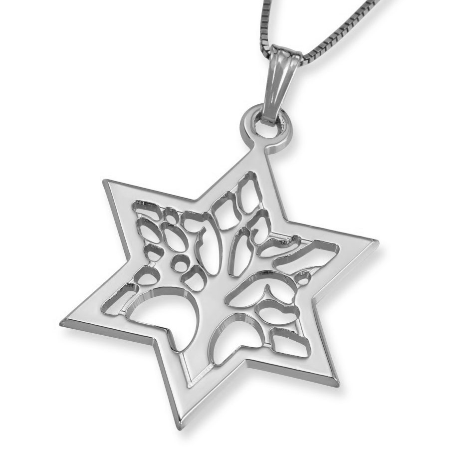 14K White Gold Star of David Pendant Necklace with Tree of Life - 1