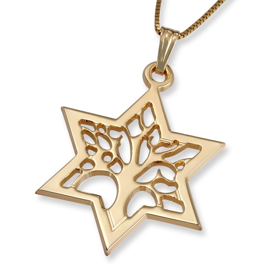 14K Gold Star of David and Tree of Life Pendant Necklace (Choice of Color) - 1