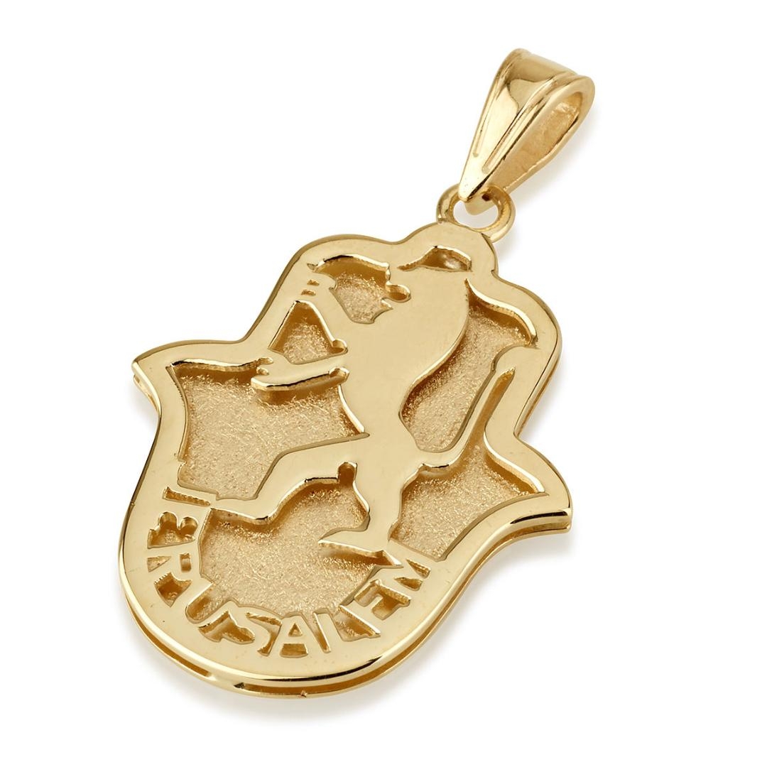 14K Gold Lion of Judah and Jerusalem Hamsa Pendant - 1