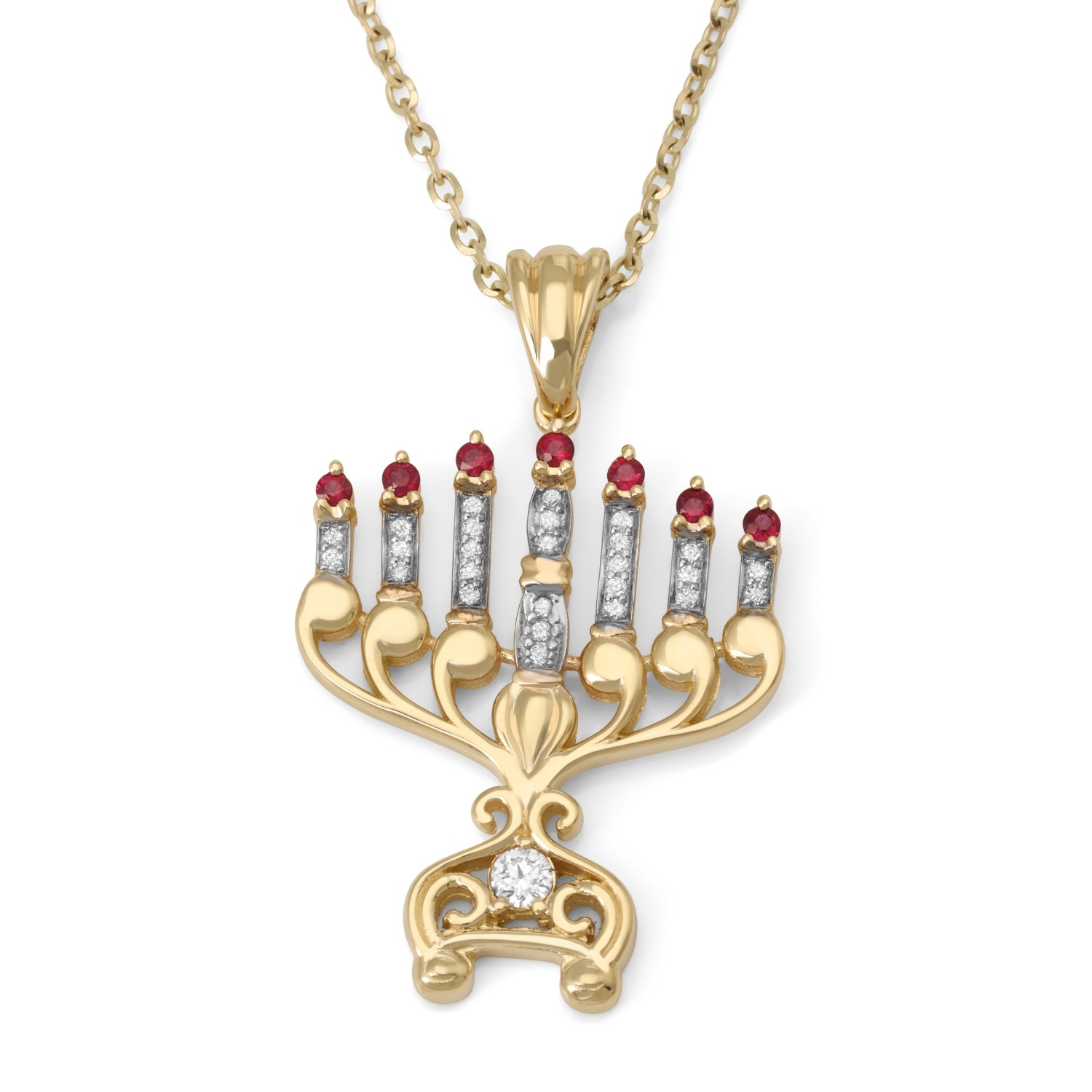 14K Gold Women's 7-Branch Menorah Pendant with Diamonds and Rubies - 1