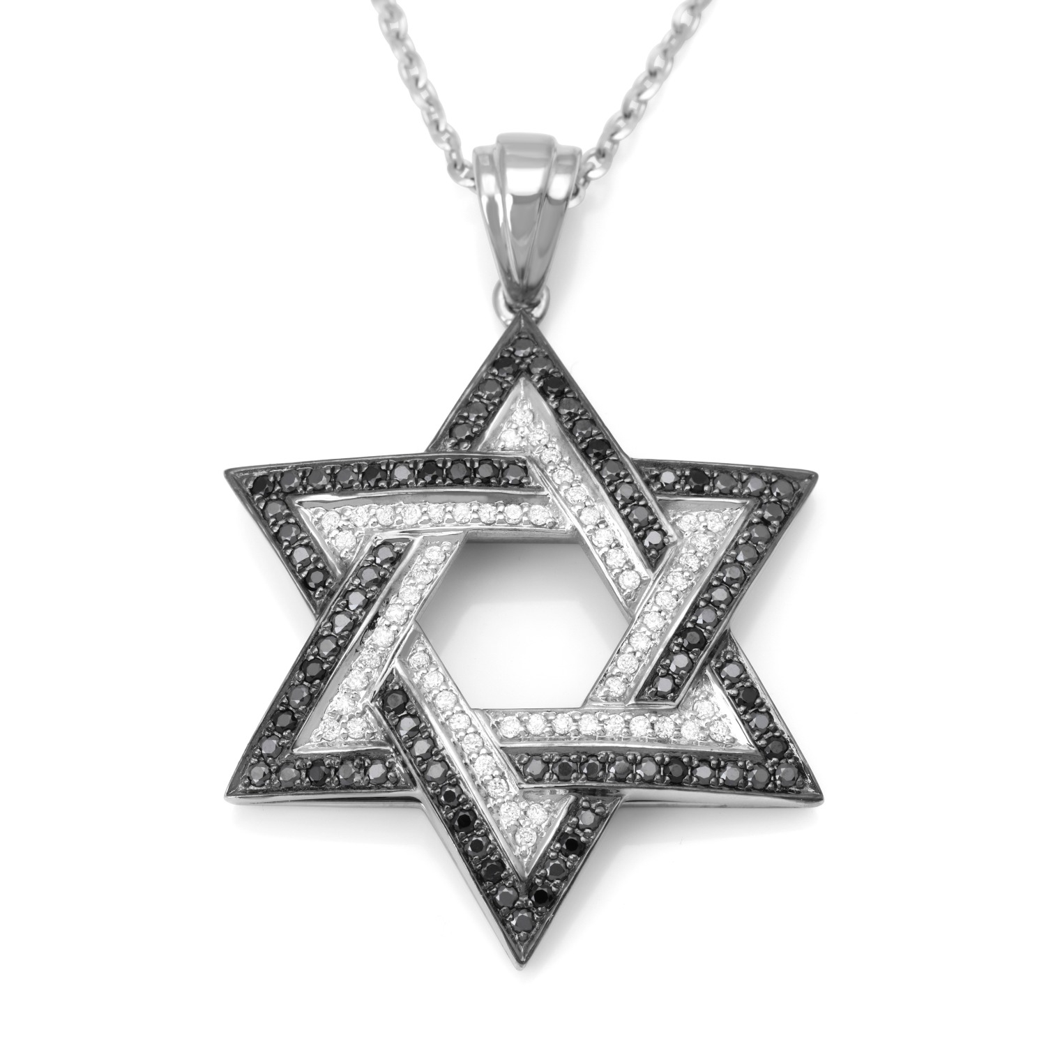 14K White Gold Double Star of David Pendant Lined with Black and White Diamonds - 1