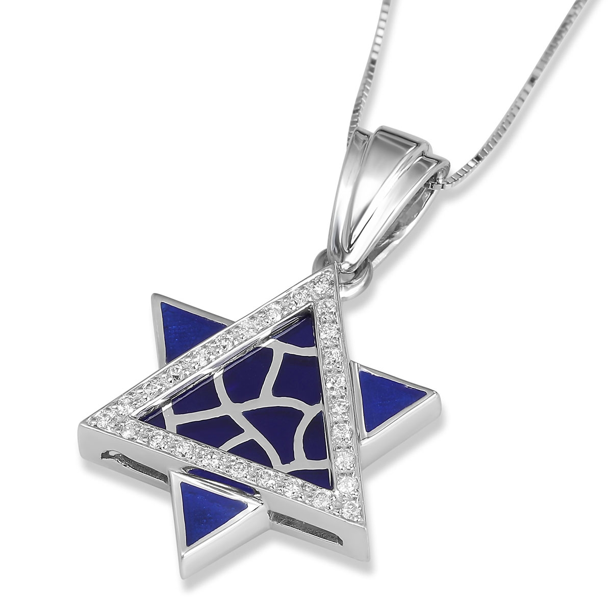 14K White Gold Stained Glass Star of David Pendant with Diamonds & Blue Enamel   - 1