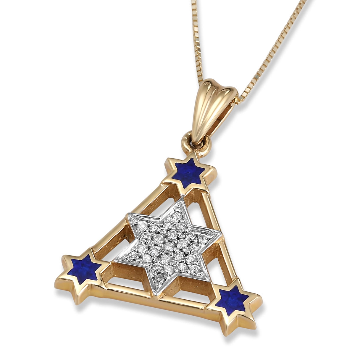 14K Yellow Gold & Blue Enamel Star of David Triangle Diamond Pendant - 1