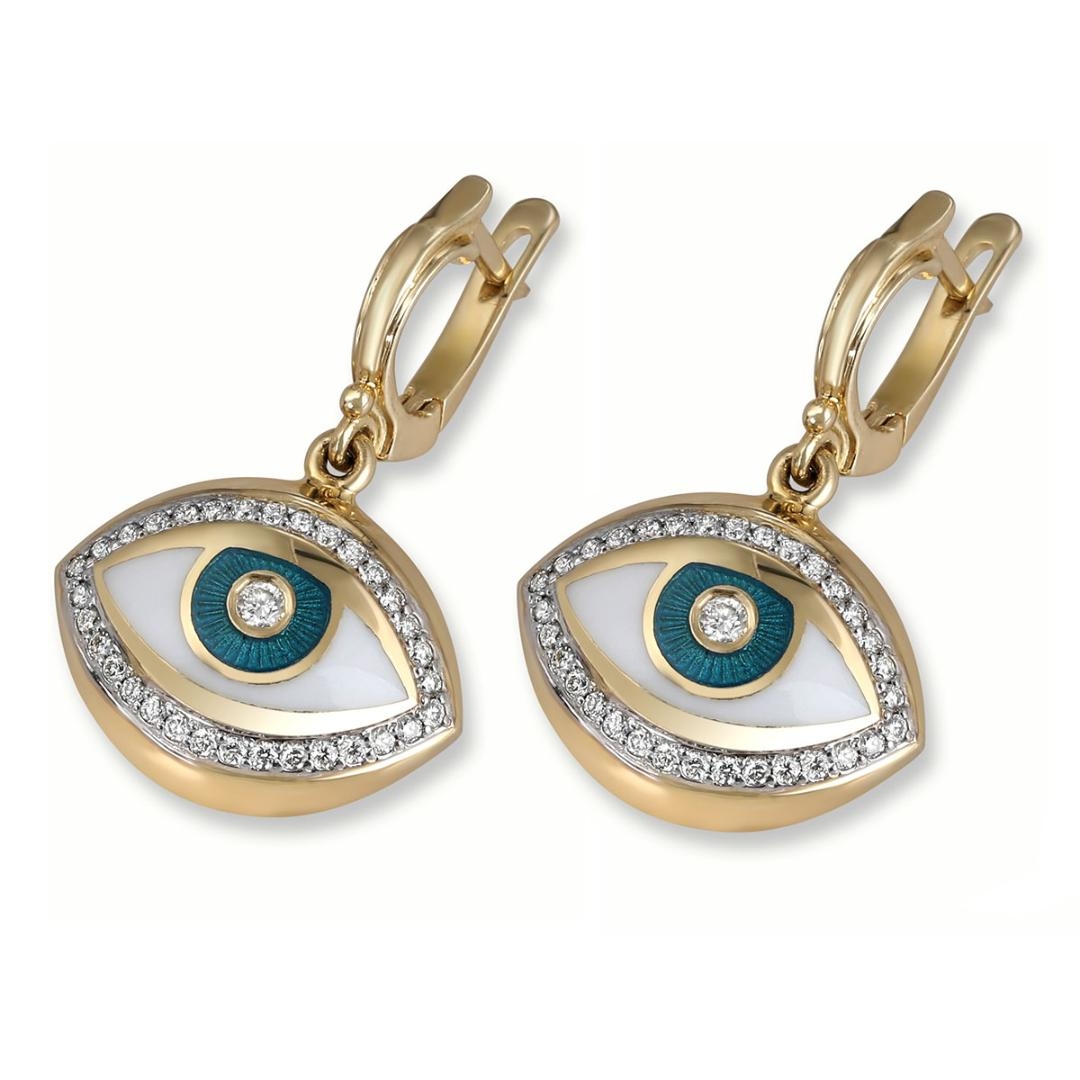14K Yellow Gold Evil Eye Diamond Earrings with White Enamel - 1
