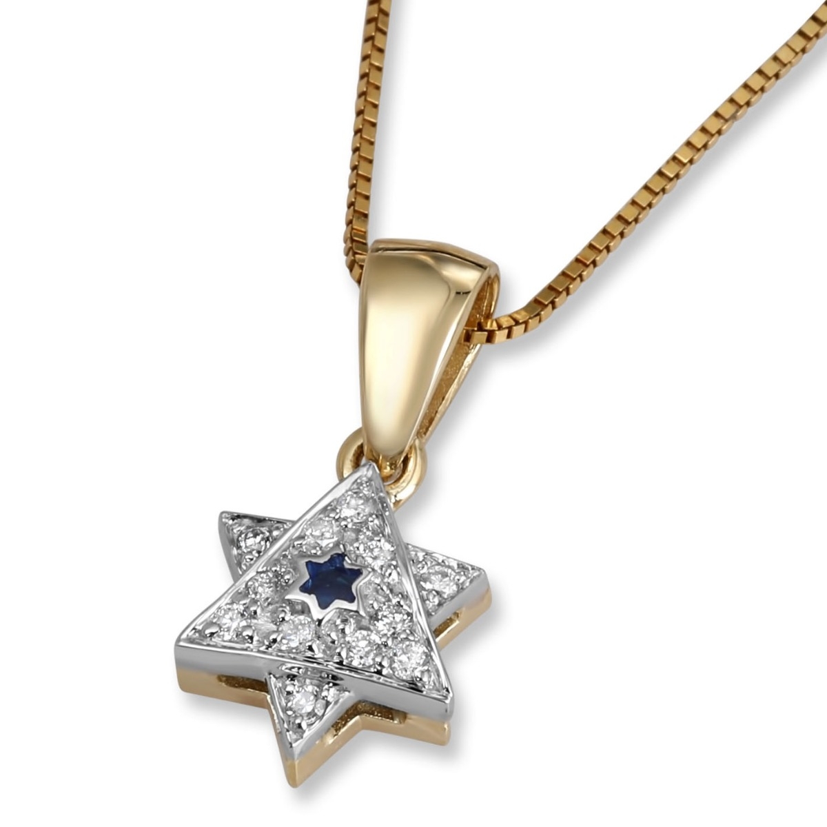 14K Yellow & White Gold Diamond Star of David Pendant with Blue Enamel  - 1