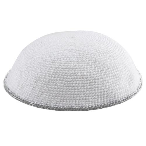 White Knitted Kippah With Silver Border - 1