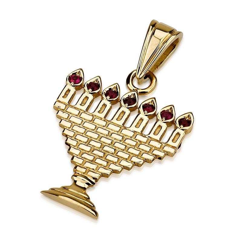 14K Gold Menorah Pendant with Red Ruby Gemstones - 1