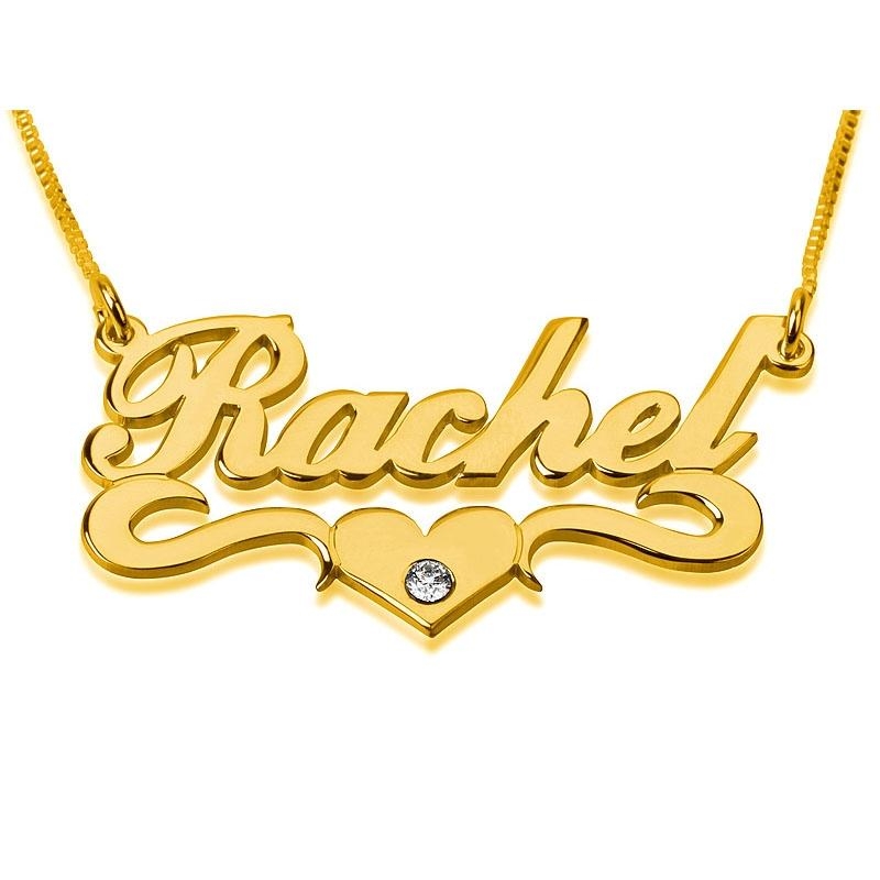 24K Gold Plated Silver Name Necklace in English with Swarovski Birthstone & Underline Scroll with Heart - (Shelly Alegro Script) - 3