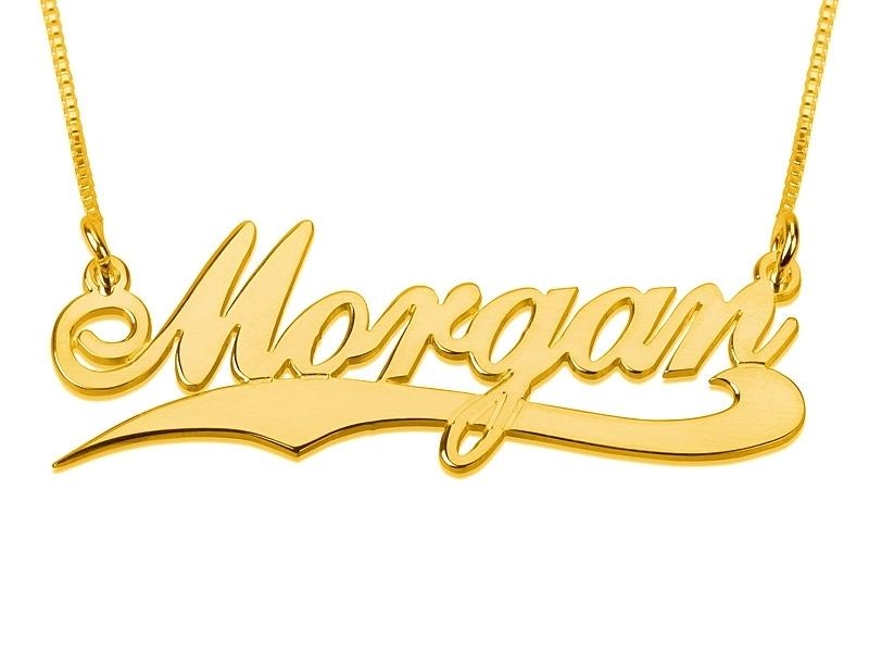 24K Gold Plated Silver Name Necklace in English with Underline Swish - (Shelly Allego Script) - 1