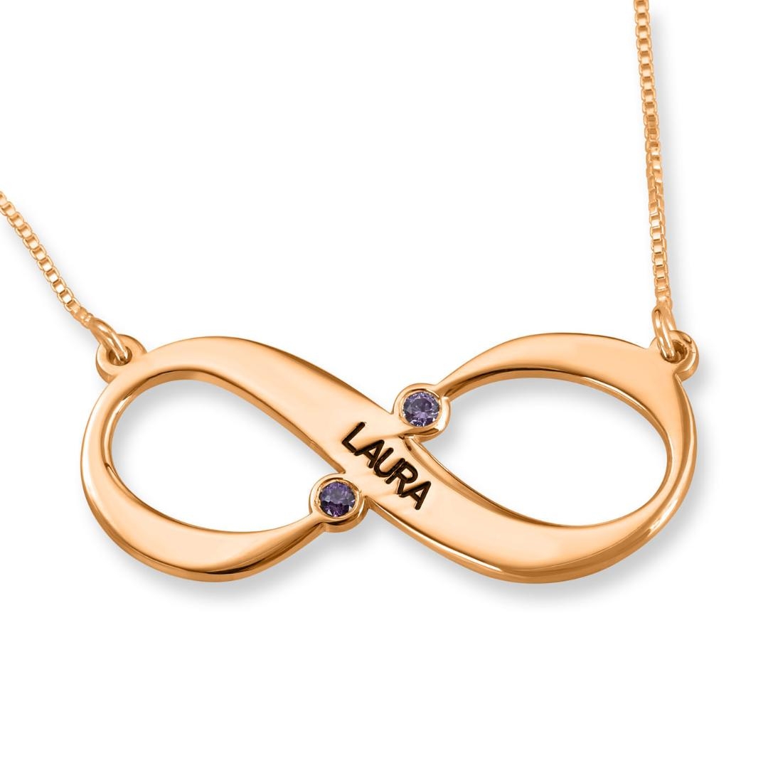 24K Rose Gold Plated English Name Infinity Necklace with Two Birthstones - 1