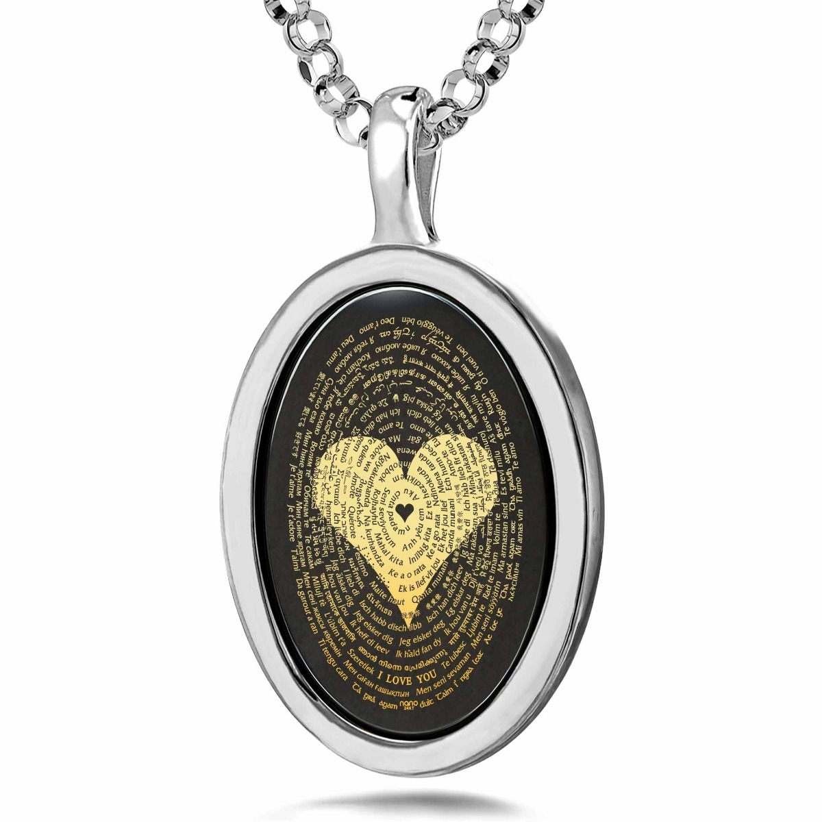 Sterling Silver and Onyx Necklace Micro-Inscribed with 24K Gold Heart and "I Love You" in 120 Languages - 1