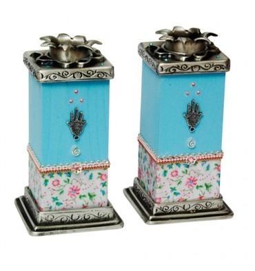 Ester Shahaf Painted Wood and Pewter Candlesticks - Blue with Hamsa - 1