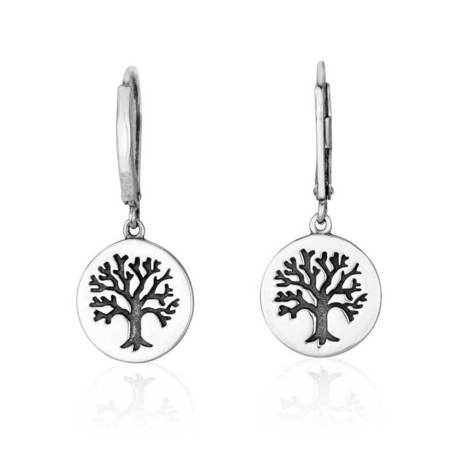 Sterling Silver Round Tree of Life Dangling Earrings - 1