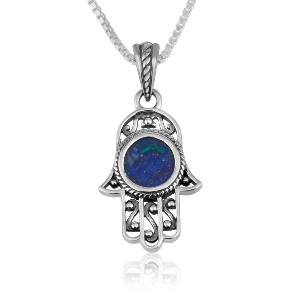 Sterling Silver and Eilat Stone Hamsa Necklace With Filigree Design - 1