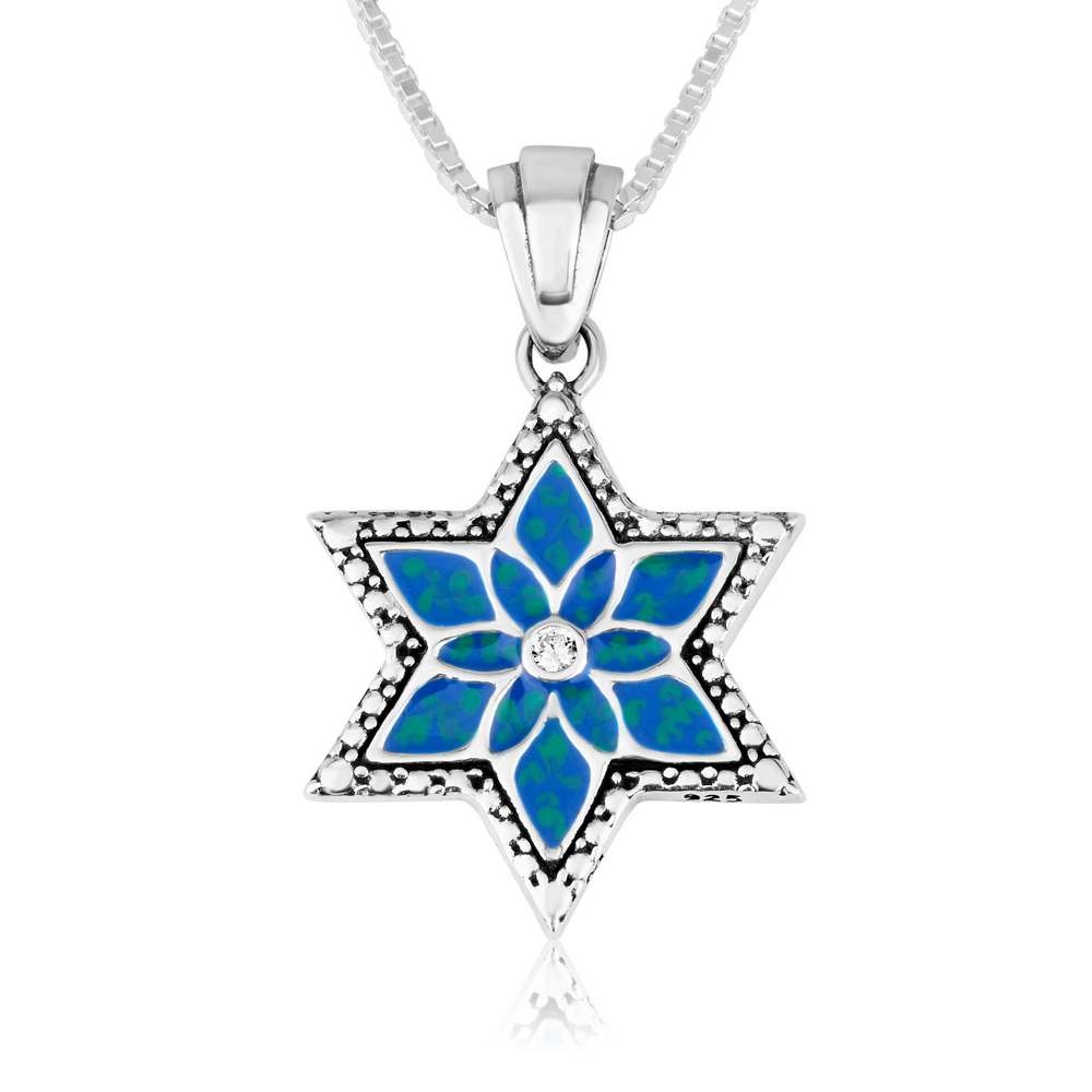 Women's Silver Sterling Star of David Pendant Necklace with Beautiful Flower - 1
