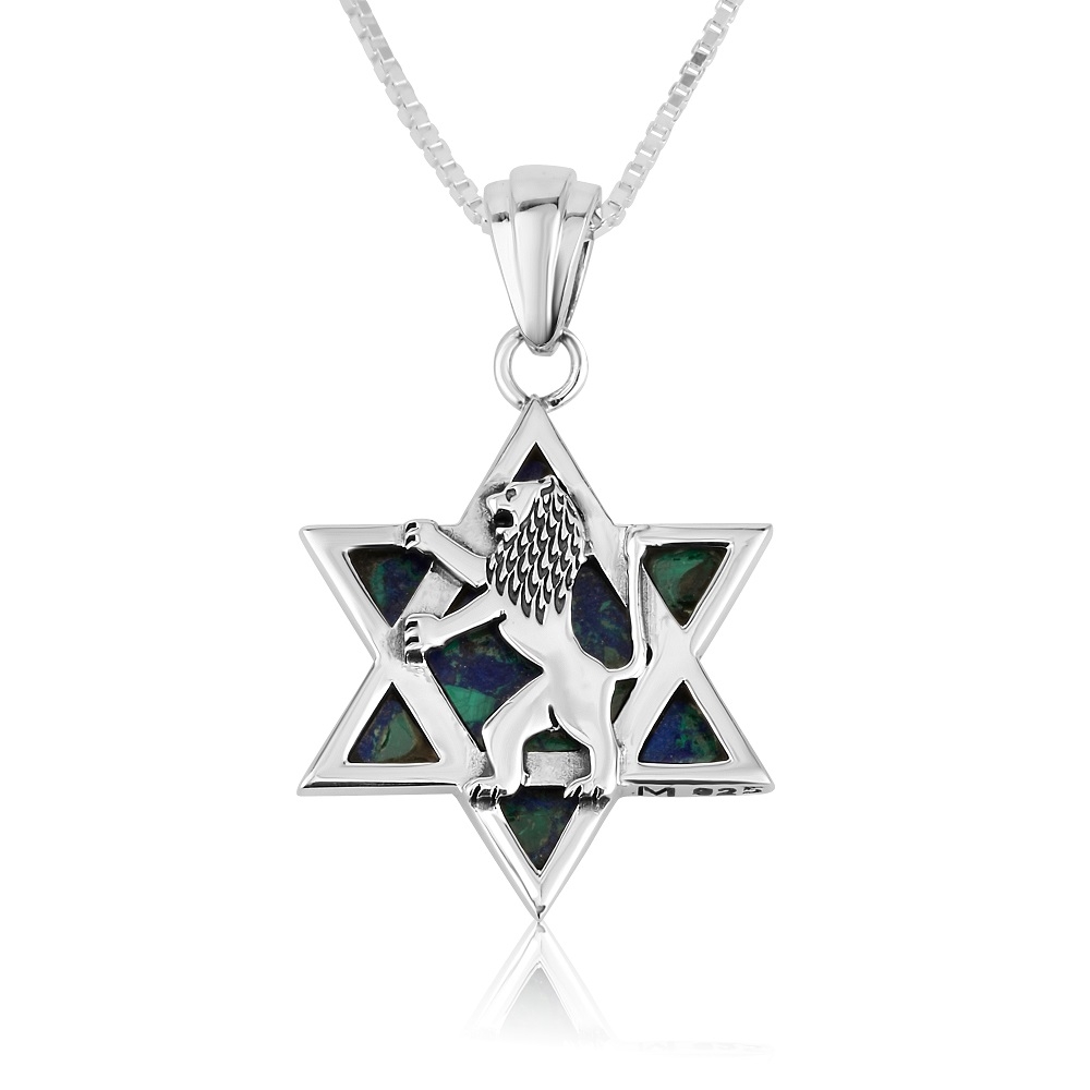 Sterling Silver Eilat Stone Star of David Unisex Pendant with Lion of Judah  - 1