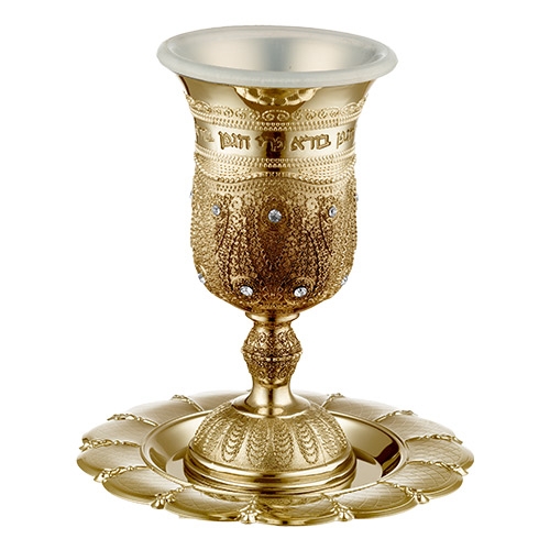Gold Plated Kiddush Cup and Saucer Set with White Crystals - 1