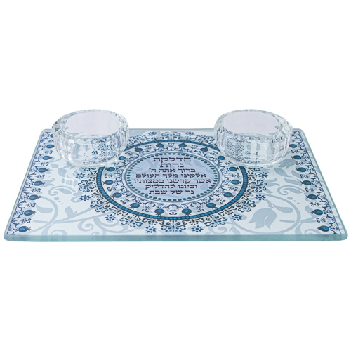 Candlesticks with Glass Tray – Blue Pomegranate with Blessing - 1