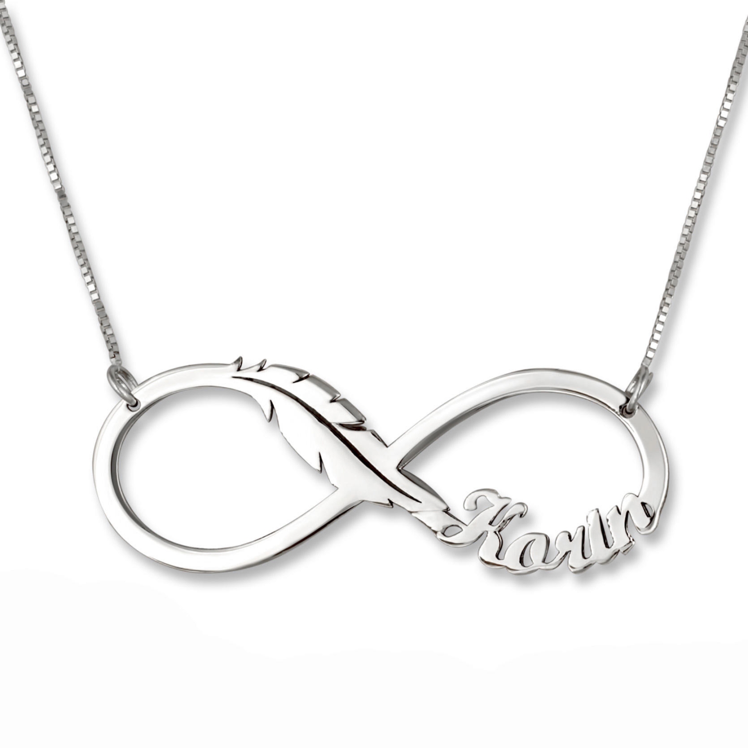 14K White Gold Double Thickness English / Hebrew Infinity Name Necklace with Feather - 2