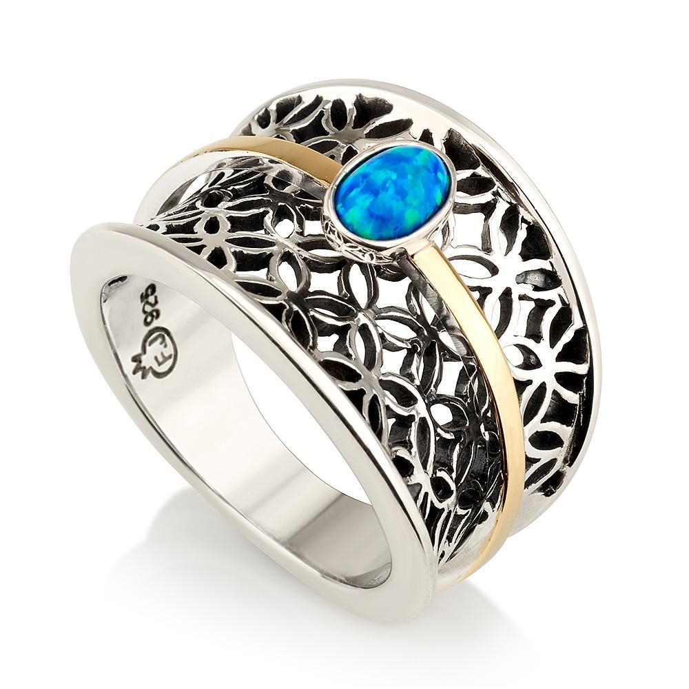 925 Sterling Silver & 9K Gold Arabesque Ring with Opal Stone - 1