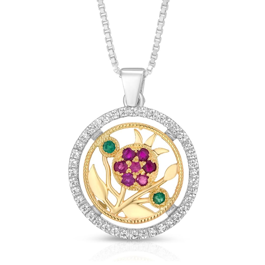 925 Sterling Silver & 9K Gold Pomegranate Pendant with Ruby and Emerald Stones and Zircon Stone - 1