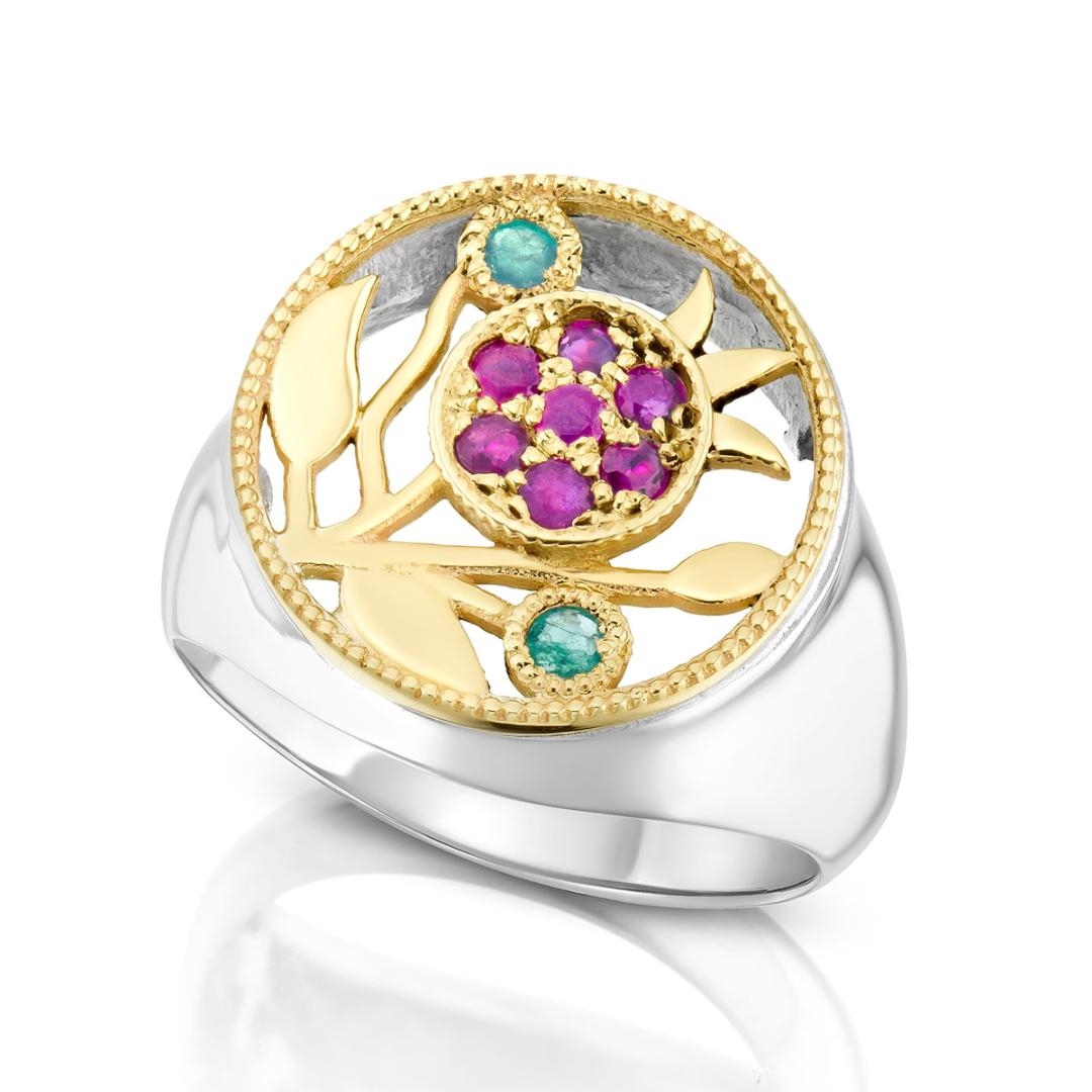 925 Sterling Silver & 9K Gold Pomegranate Ring with Ruby and Emerald Stones - 1