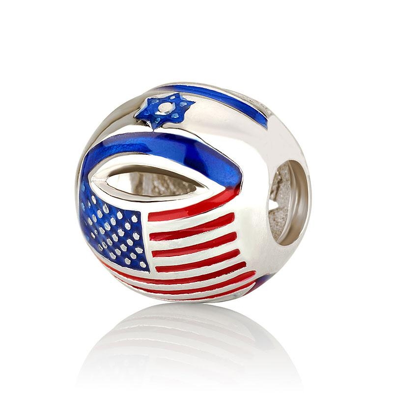 925 Sterling Silver American-Israeli Flag Bead Charm - Rhodium Plated - 1