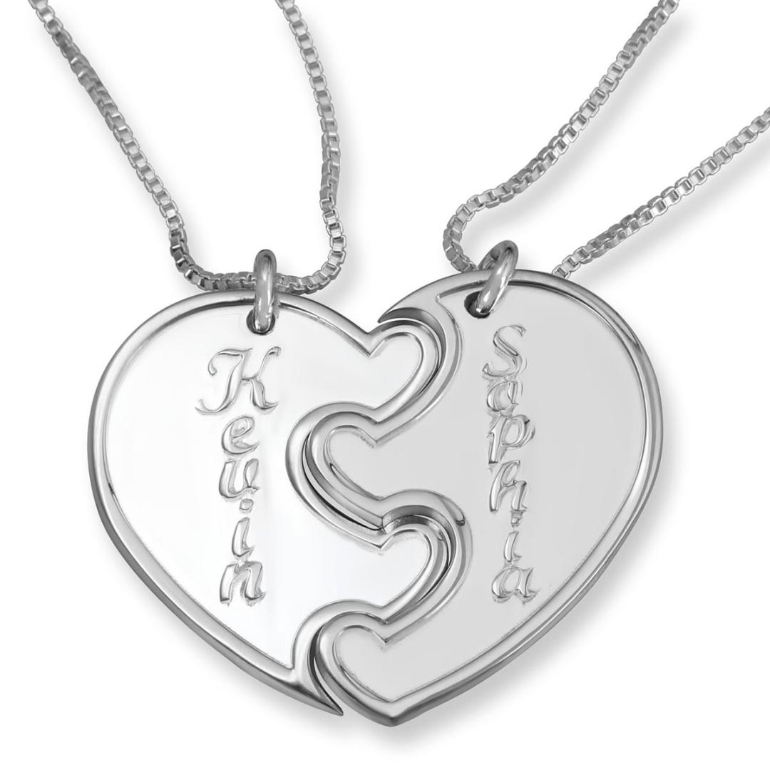 925 Sterling Silver Couple's Split Love Heart Names Necklace - 1
