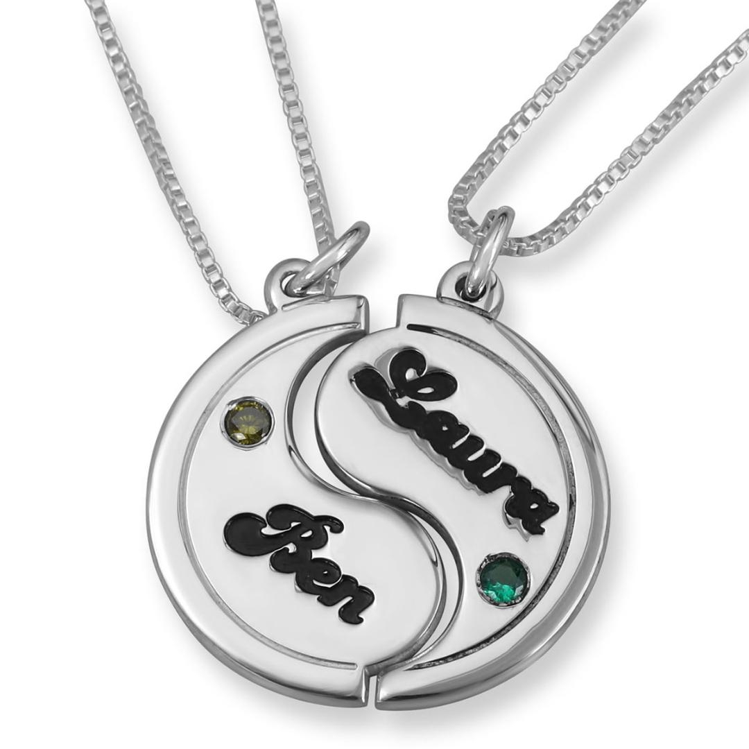 925 Sterling Silver Couple's Yin & Yang Names Necklaces with Birthstones - 1