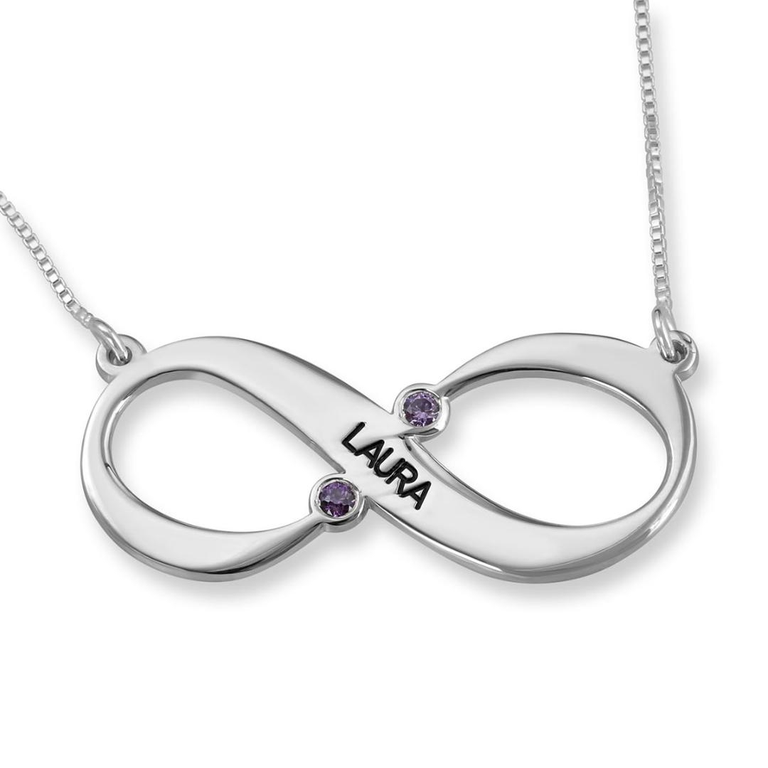 925 Sterling Silver English Name Infinity Necklace with Two Birthstones - 1