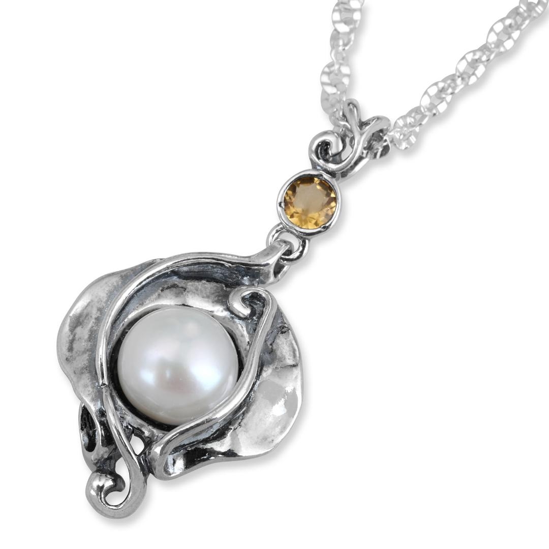925 Sterling Silver Fresh Water Pearl & Citrine Stone Necklace - 1
