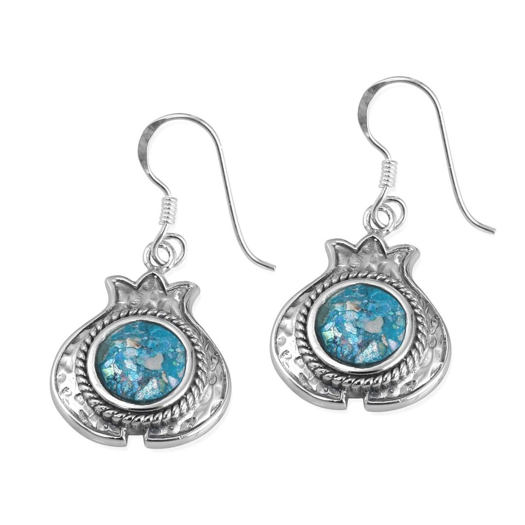 925 Sterling Silver Hammered Pomegranate Earrings with Roman Glass - 1