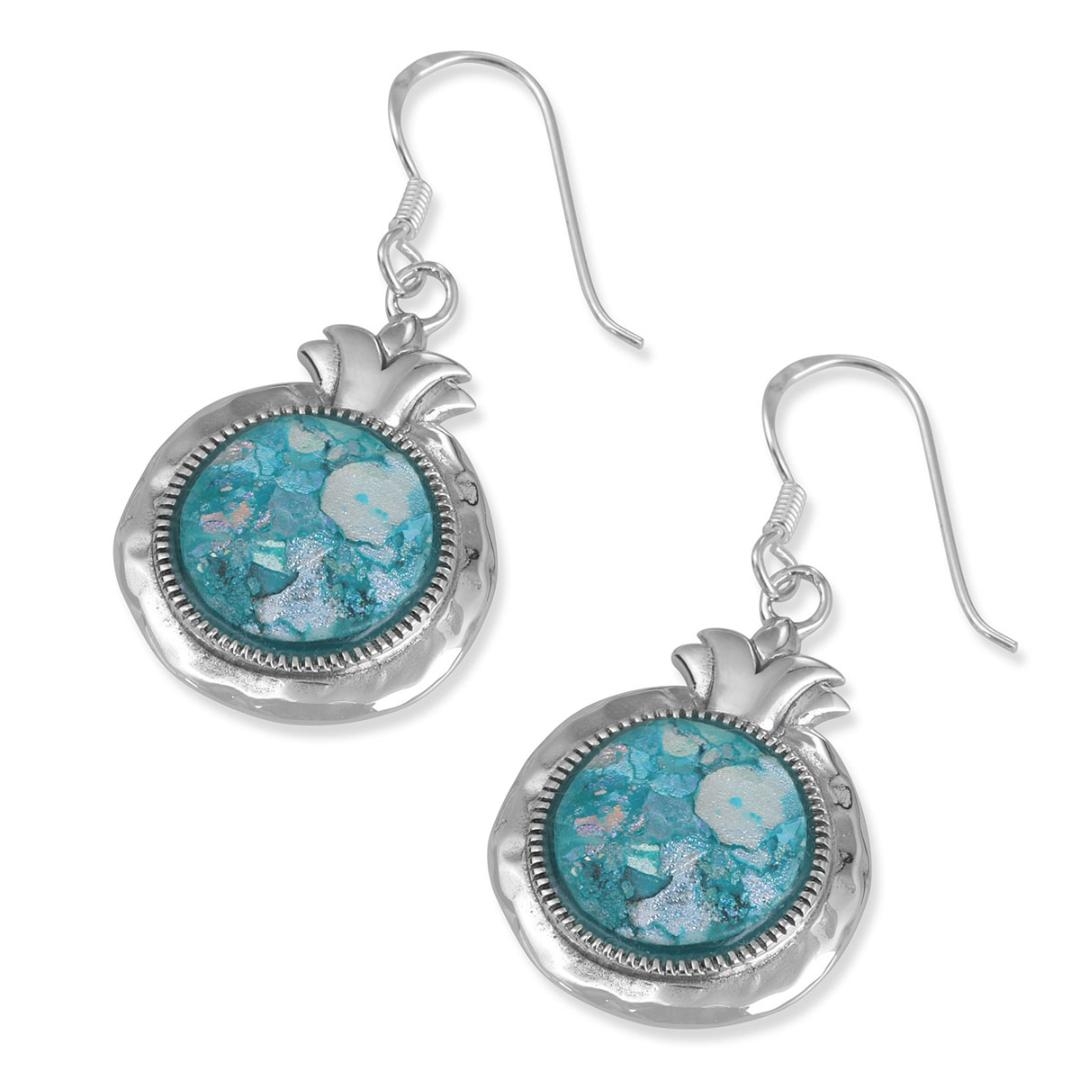 925 Sterling Silver Hammered Pomegranate Roman Glass Earrings - 1