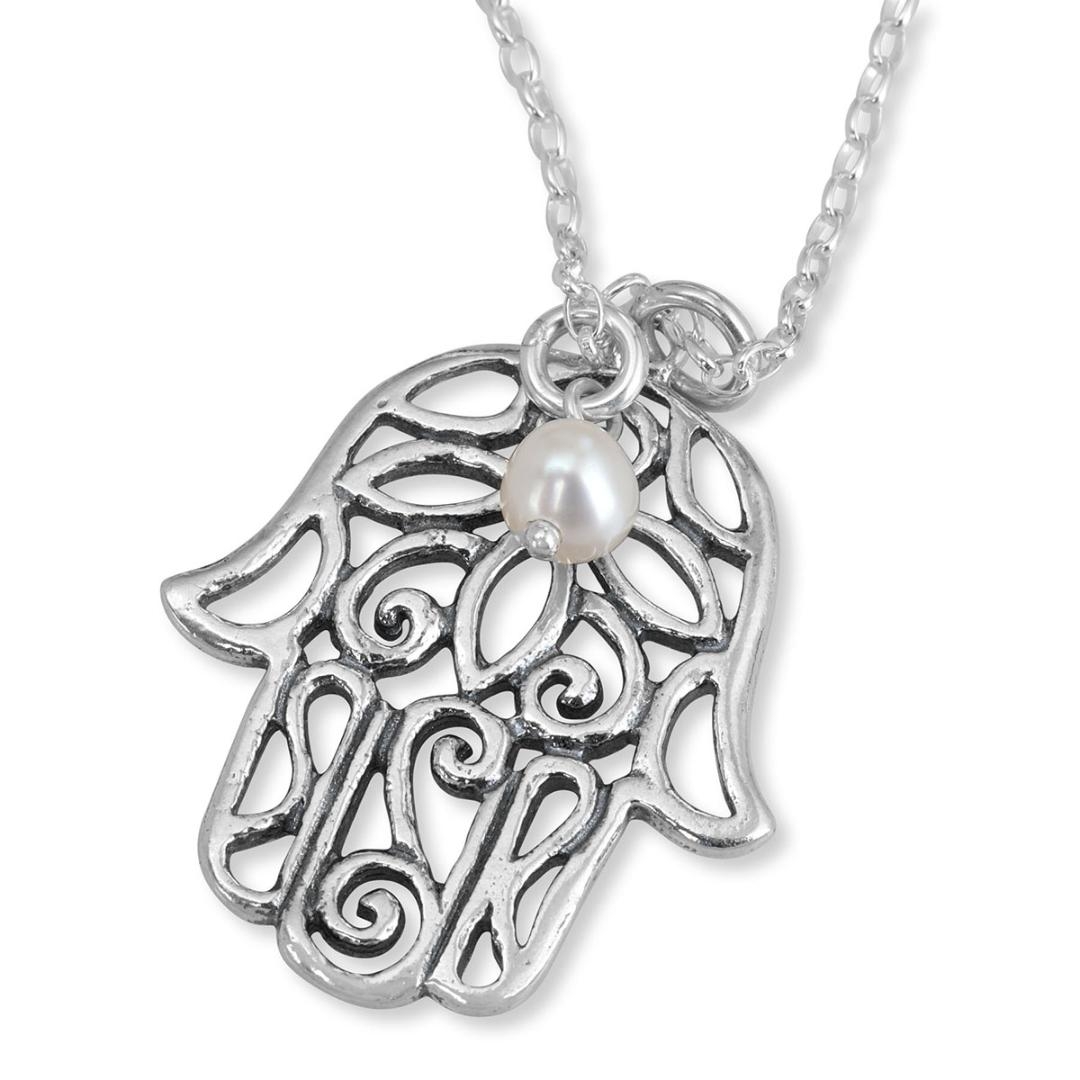 925 Sterling Silver Hamsa Necklace with Fresh Water Pearl - 1
