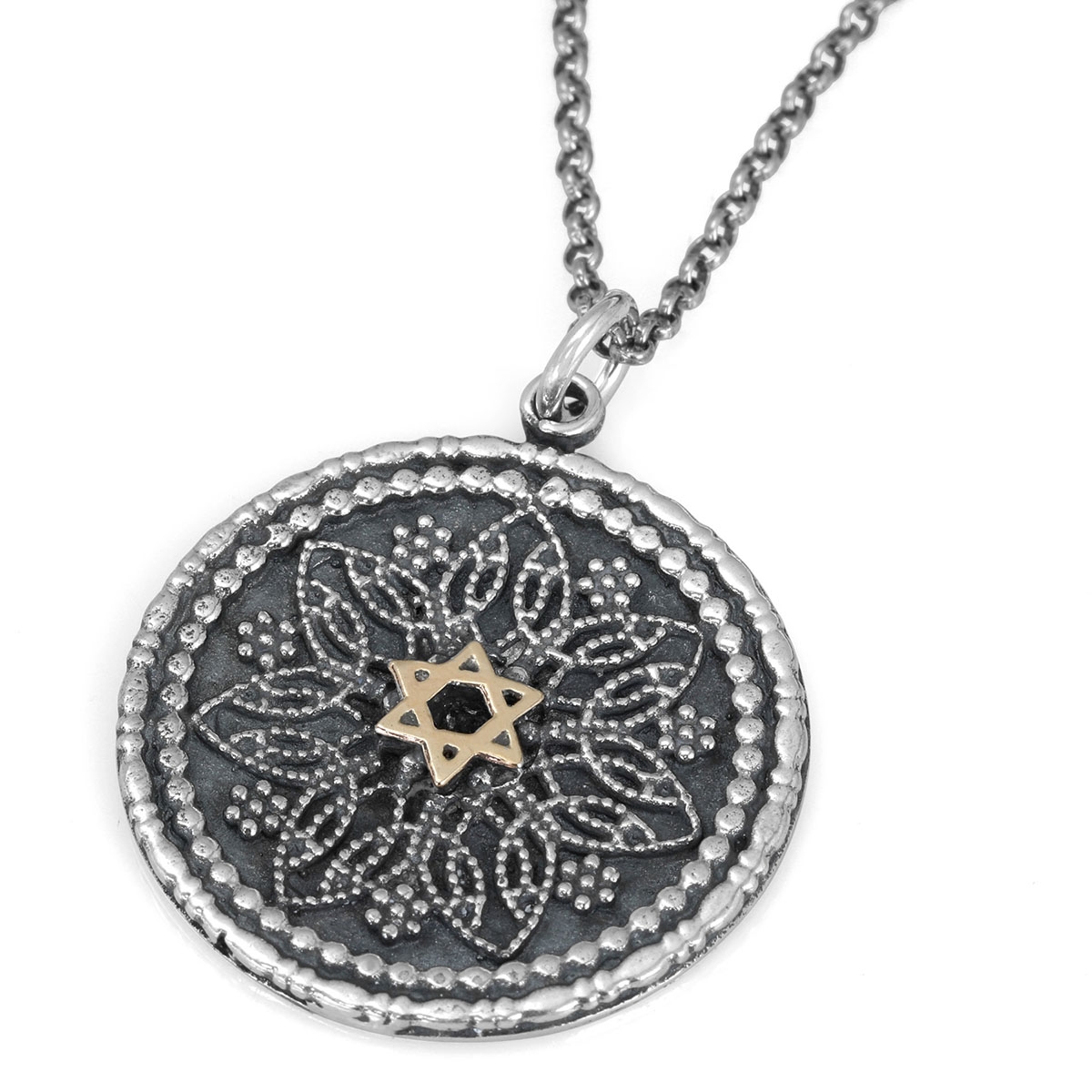 925 Sterling Silver Men's Necklace With Star of David and Floral Design - 1