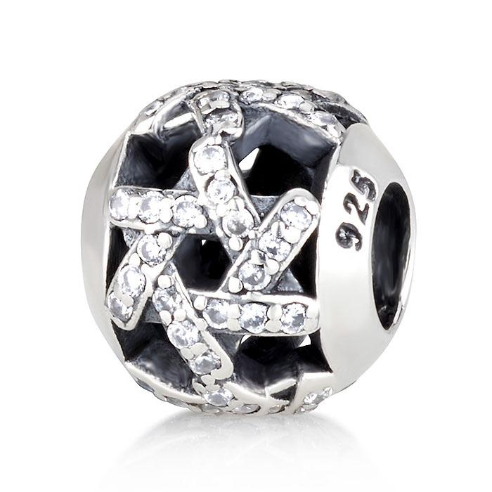 925 Sterling Silver Modern Star of David Round Bead Charm with Zircon Stones – Rhodium Plated  - 1