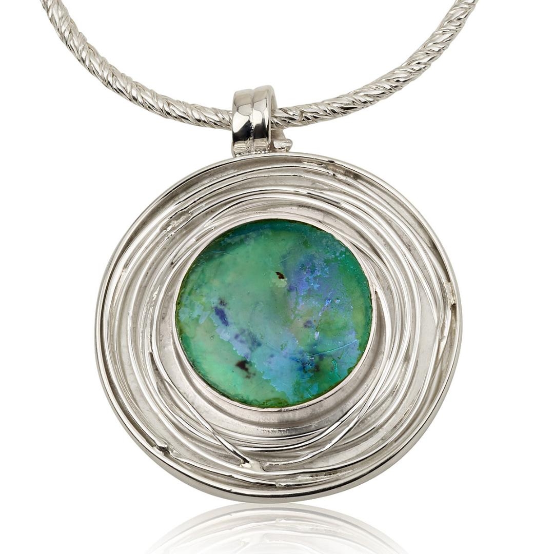 925 Sterling Silver Roman Glass Handmade Swirl Disc Necklace - 1