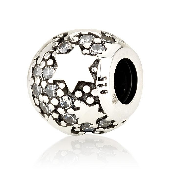 925 Sterling Silver Round Star of David Bead Charm with Zircon Stones – Rhodium Plated  - 1