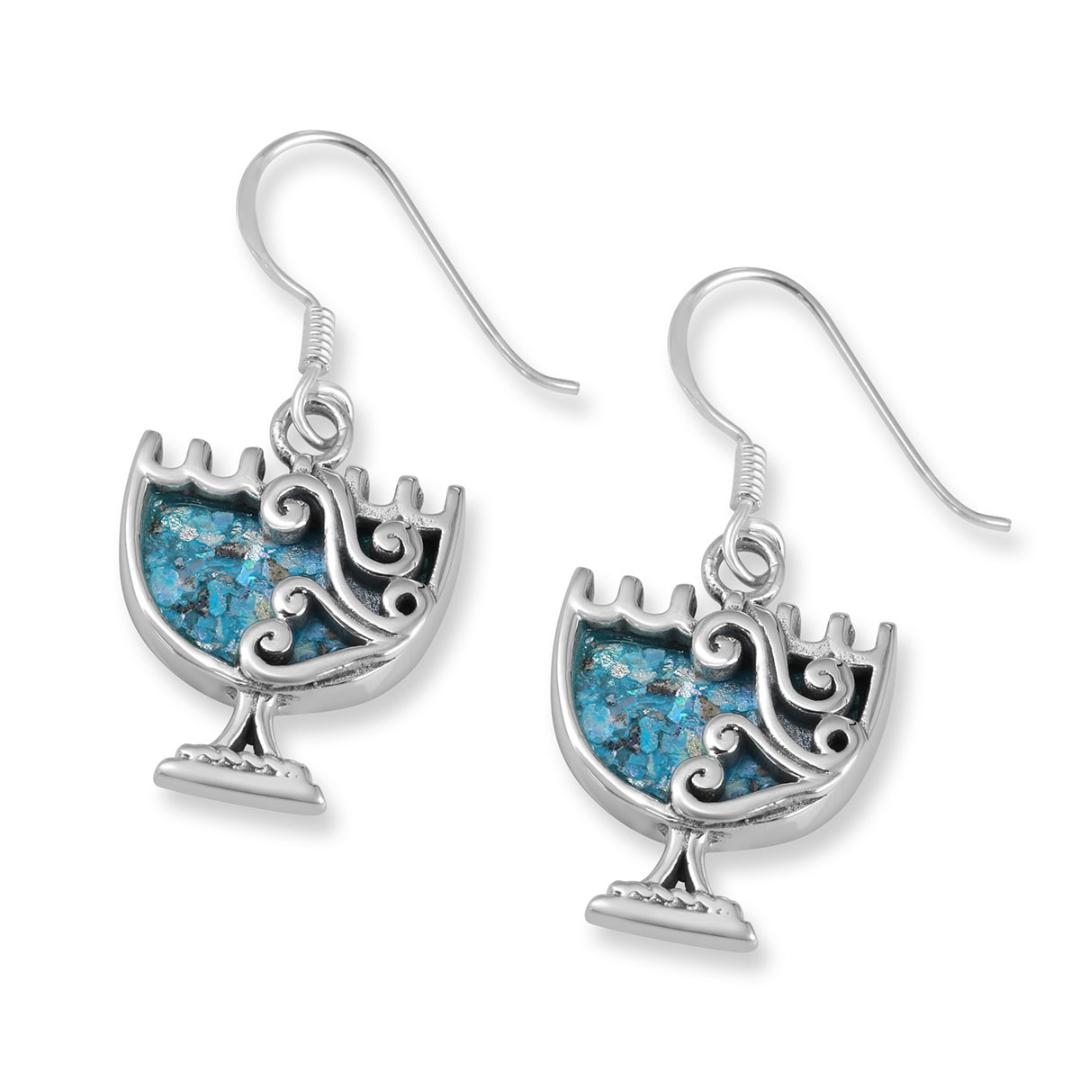 925 Sterling Silver Seven-Branched Menorah Earrings with Roman Glass - 1