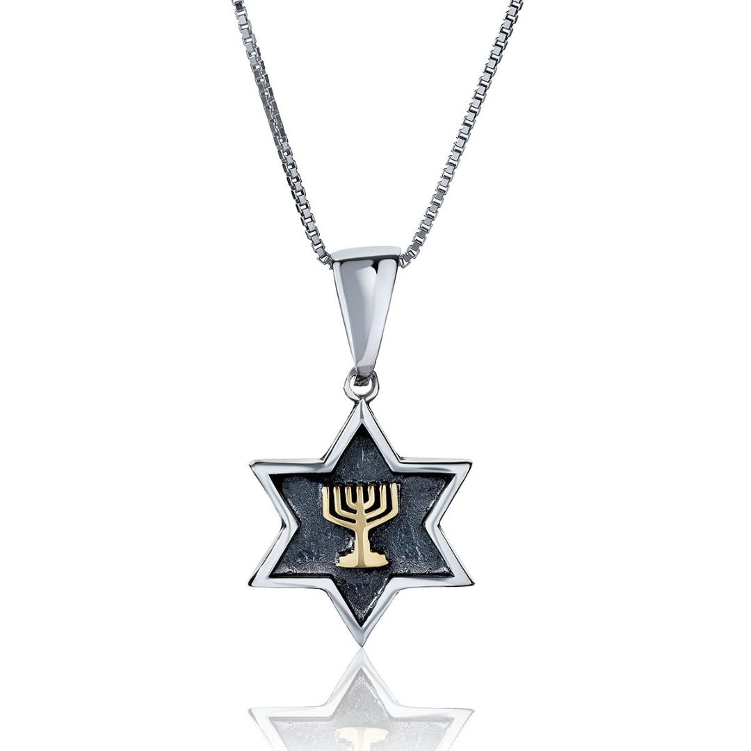 925 Sterling Silver Star of David Necklace with 9K Gold Jewish Symbol (Choice of Symbols) - 1