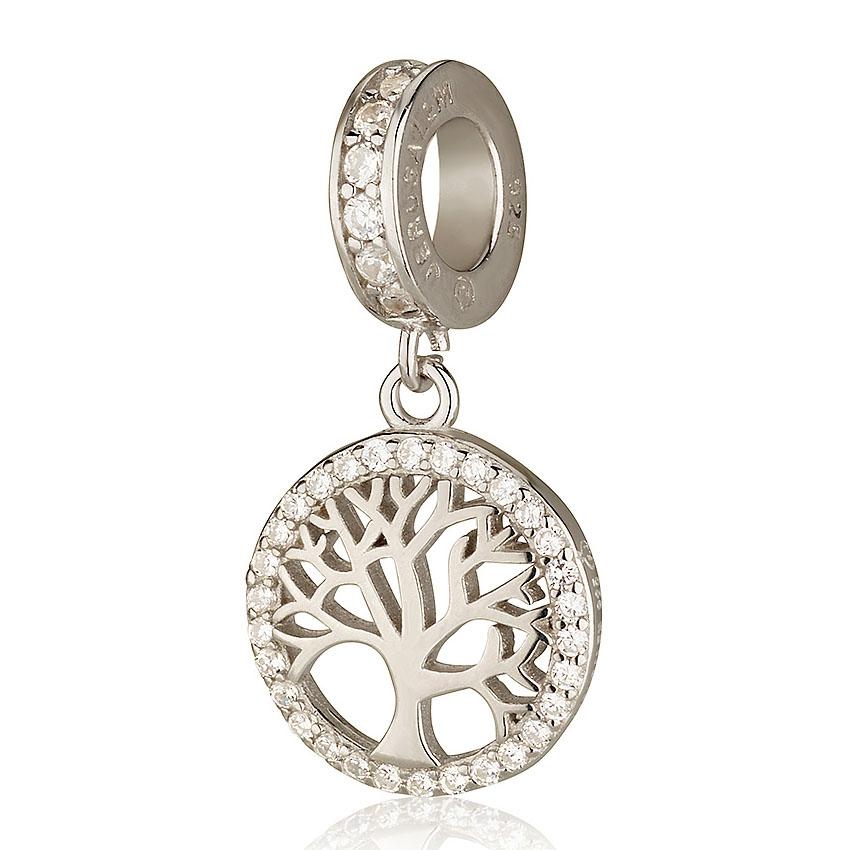 925 Sterling Silver Tree of Life Circular Pendant Charm with Zircon Stones – Rhodium Plated - 1
