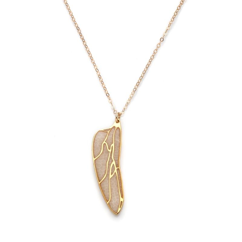 Adina Plastelina Gold Plated Dragonfly Wing Necklace. White - 1