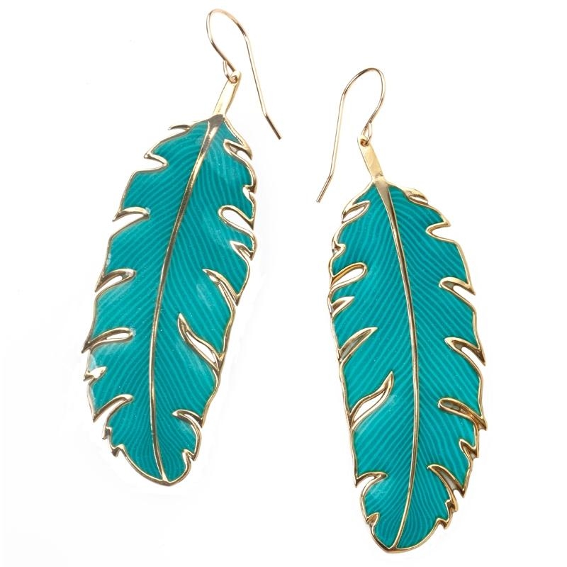 Adina Plastelina Large Gold Filled Silver Feather Earrings - Turquoise - 1