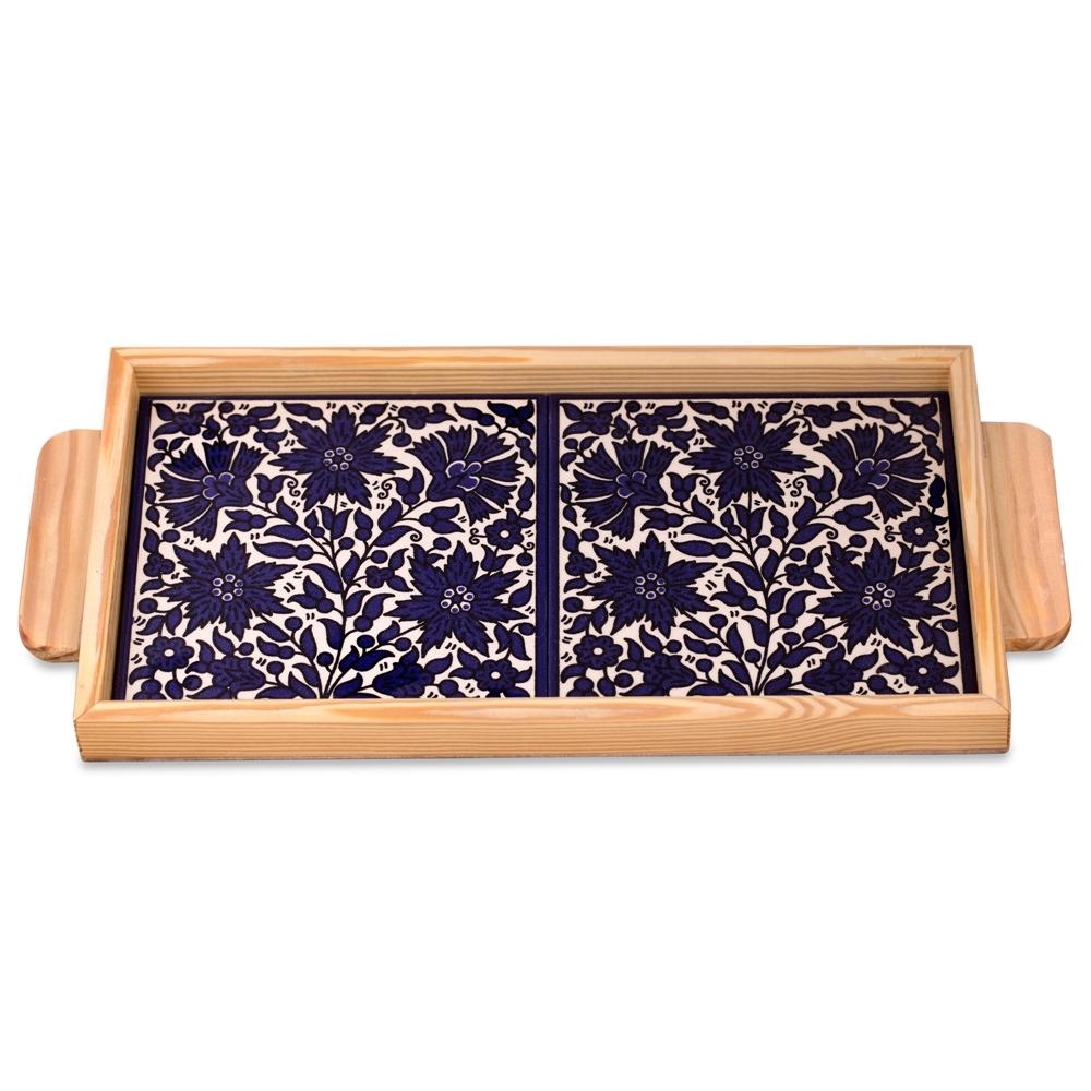 Armenian Ceramic & Wooden Tray - Blue Flowers - 2