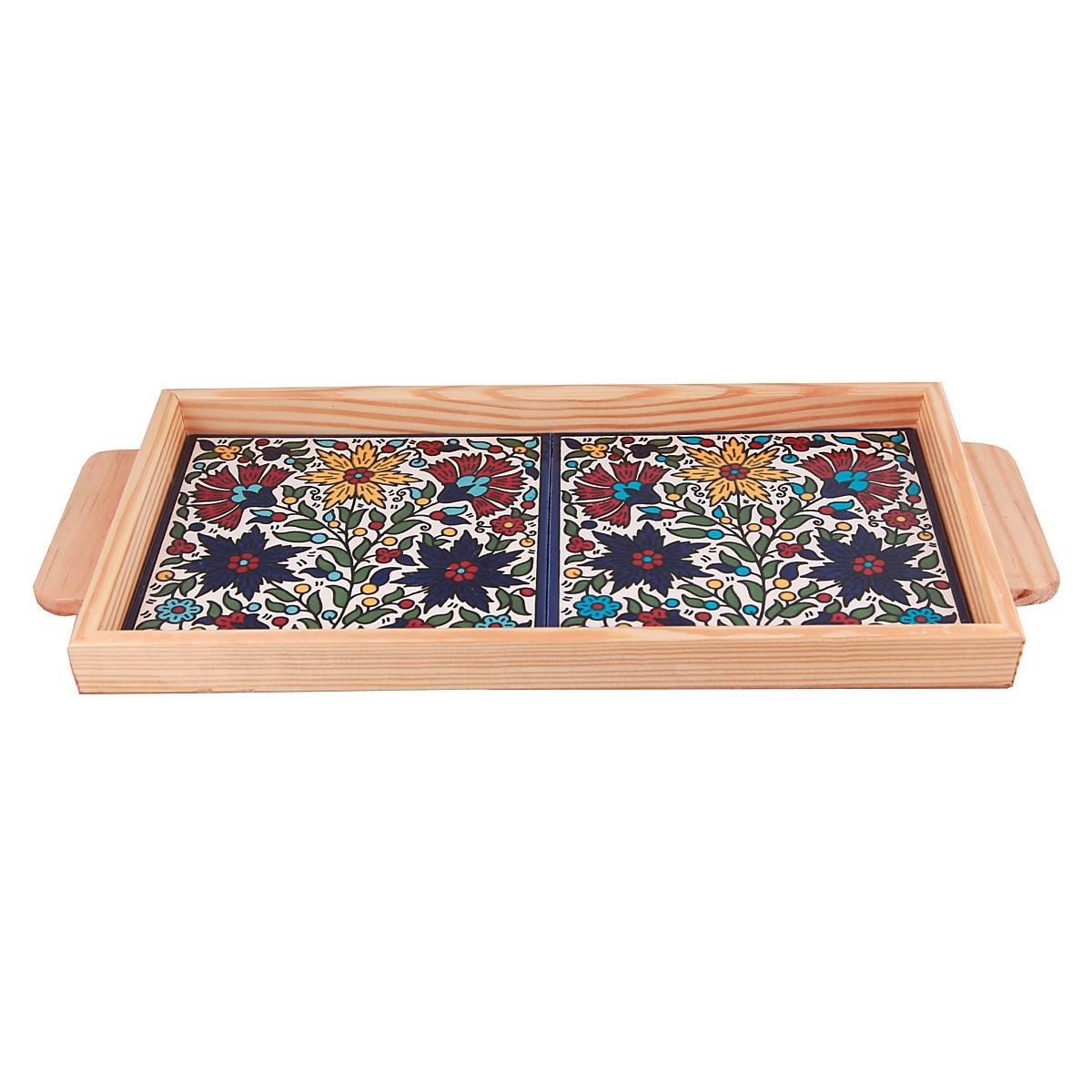  Armenian Ceramic & Wooden Tray. Colorful Floral Bouquet - 1