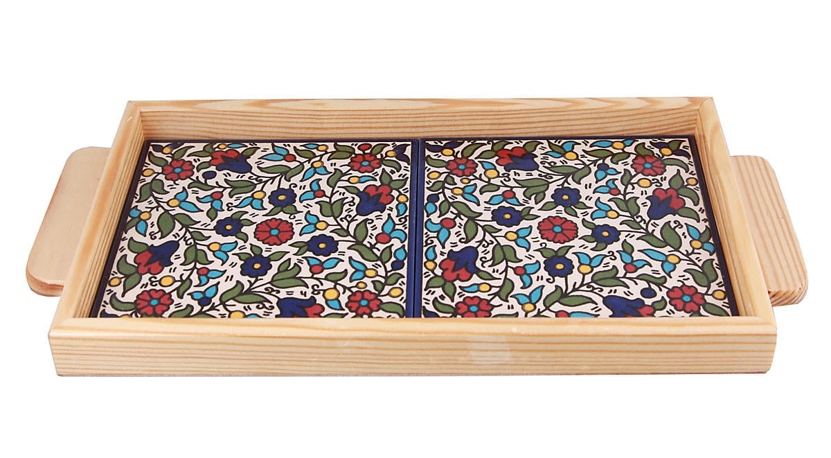  Armenian Ceramic & Wooden Tray. Colorful Pretty Flowers - 1