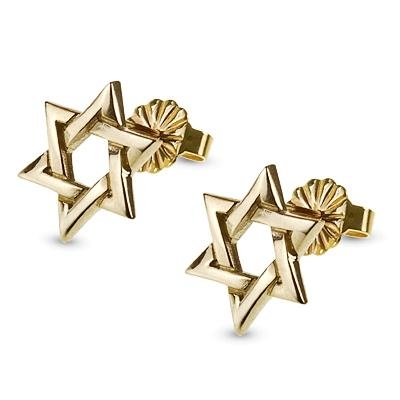 Contemporary 14K Gold Star of David Stud Earrings - 1